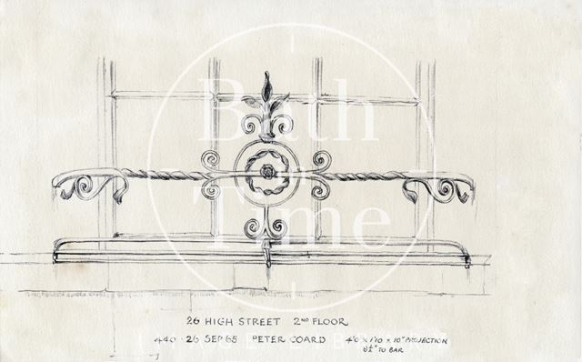 Second floor window railing, Cater, Stoffell & Fortt Ltd., The Stores, 26, High Street, Bath 1965