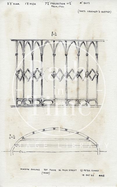 Third floor window railing, Cater, Stoffell & Fortt Ltd., The Stores, 26, High Street, Bath 1965