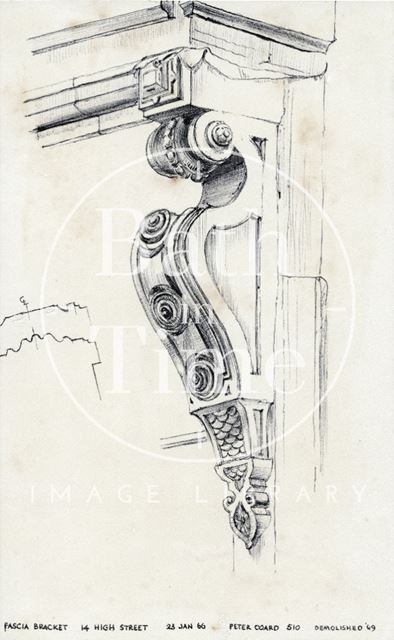 Fascia bracket, Bradley's costumier shop, 14, High Street, Bath 1966