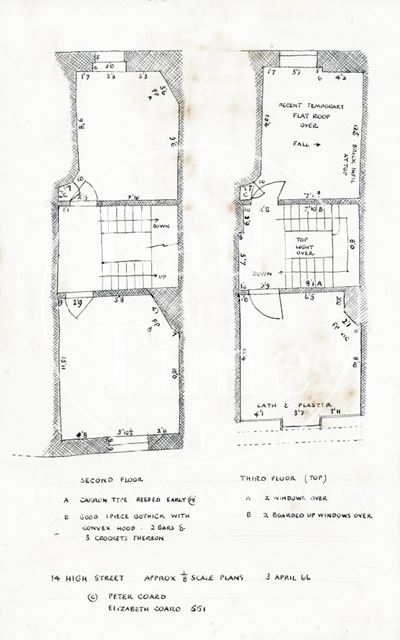 Second and third floor plans, Bradley's costumier shop, 14, High Street, Bath 1966