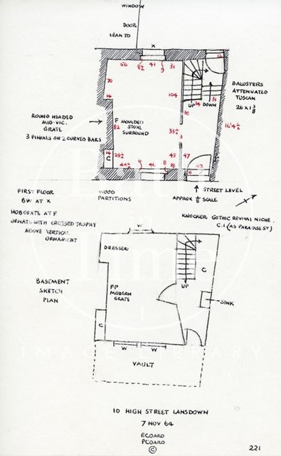 Ground floor and basement plans, 10, High Street, Lansdown, Bath 1964