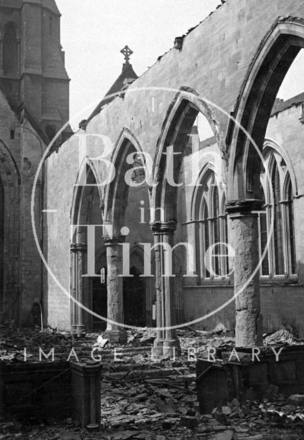 Burnt out interior of St. Andrew's Church, Julian Road, Bath 1942