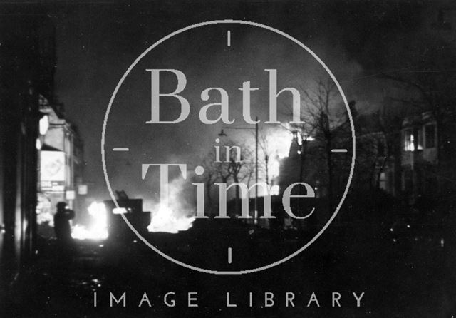 St. George's Place, Upper Bristol Road ablaze from Crescent Gardens, Bath 1942