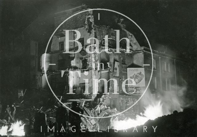 Fires burning at bomb damaged St. George's Place, Upper Bristol Road, Bath 1942