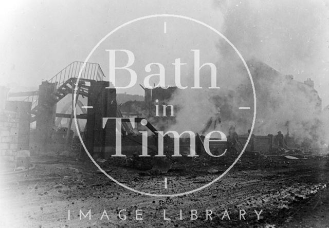 Unidentified smoking ruins, possibly of the Gas Works, Bath 1942