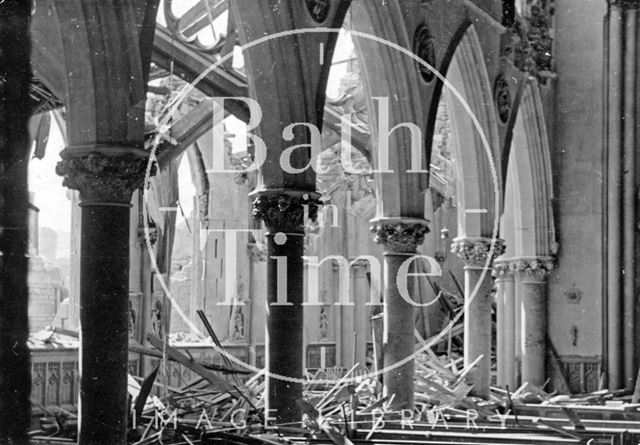 Bomb damaged interior of St. John's Roman Catholic Church, South Parade, Bath 1942