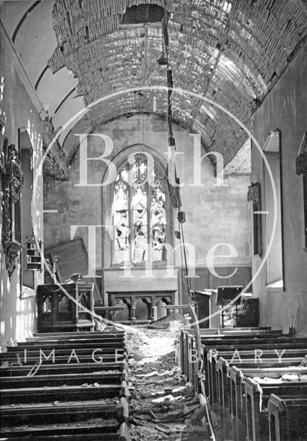 Bomb damaged interior of St. Mary Magdalen's Chapel, Holloway, Bath 1942