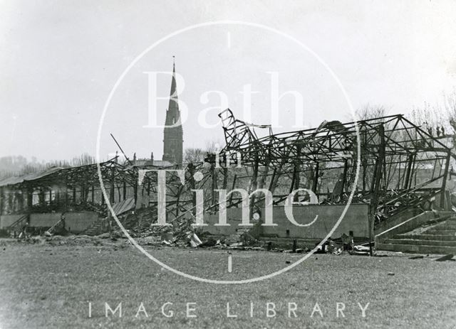 Tangled wreckage of the Bath Rugby west stand at the Recreation Ground, Bath 1942