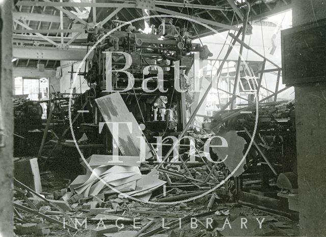 Bomb damaged printing presses at the Mendip Press, Parsonage Lane, Bath 1942