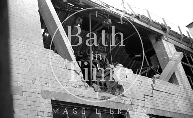 Bomb damaged printing presses at the Mendip Press, Parsonage Lane, Bath 1942