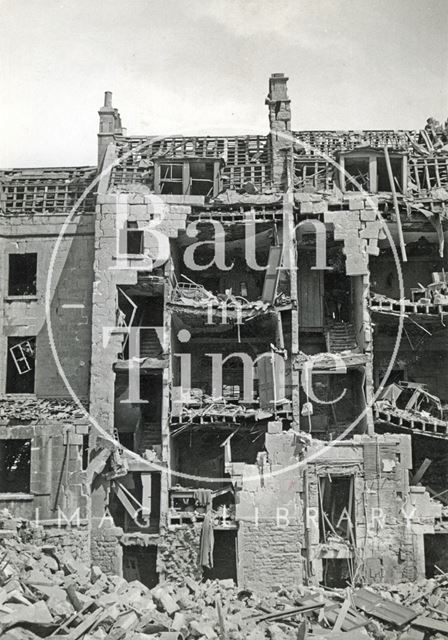 Backs of bomb damaged houses in St. James's Parade, Bath 1942