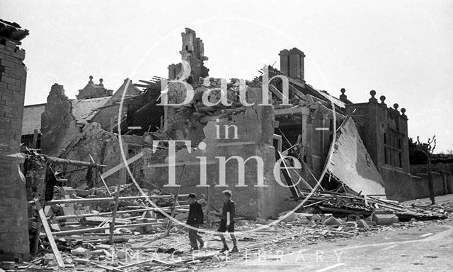 A couple of schoolboys examine the remains of West Twerton Council Schools, The Hollow, Twerton, Bath 1941