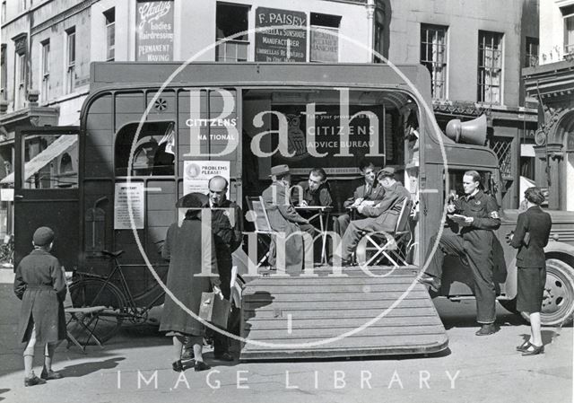 The Citizens Advice Bureau van in Abbey Church Yard, Bath 1942