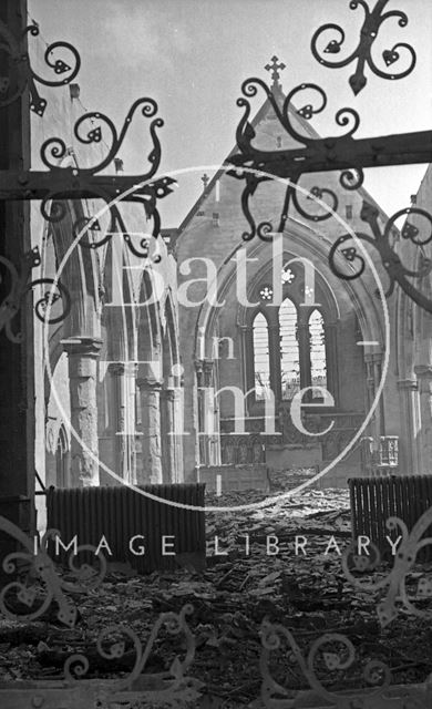 West door and burnt out interior of St. Andrew's Church, Julian Road, Bath 1942