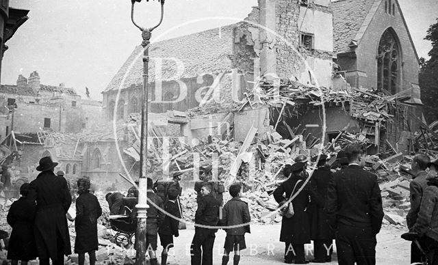 Bomb damaged Burlington House, 25, Burlington Street and St. Mary's Roman Catholic Church, Julian Road, Bath 1942