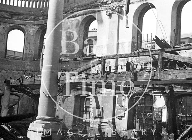 The fire ravaged interior of St. James's Church, Bath 1942