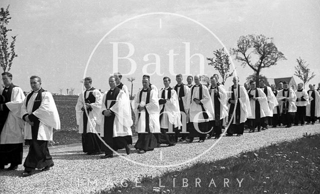 The Bishop of Bath and Wells, lead the procession and service during the mass funeral, Haycombe Cemetery, Bath 1942