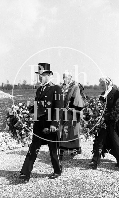 The Mayor (Alderman Aubrey Bateman) and the Town Clerk (Mr. J. Basil Ogden) walk in the funeral procession at Haycombe Cemetery, Bath 1942