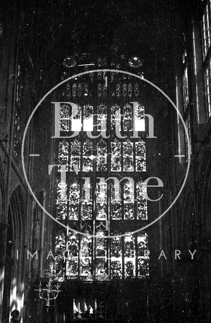 The bomb damaged east window of Bath Abbey 1942