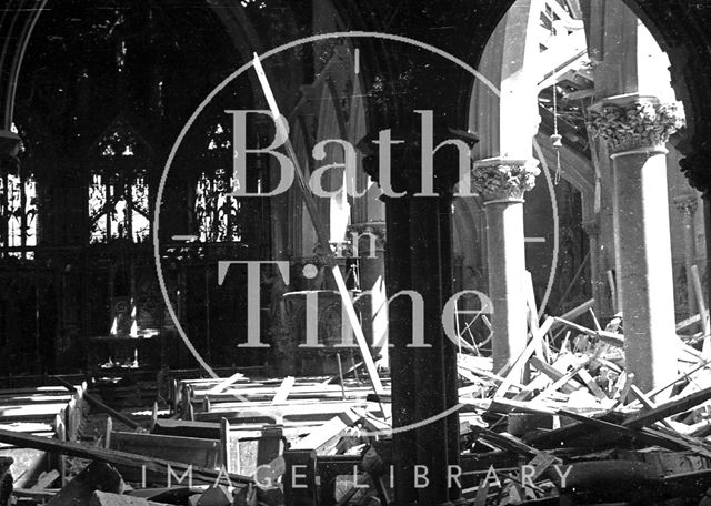 Bombed out interior of St. John's Roman Catholic Church, South Parade, Bath 1942