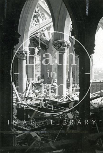 Bombed out interior of St. John's Roman Catholic Church, South Parade, Bath 1942