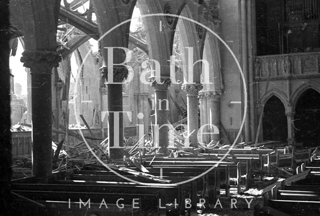 Bombed out interior of St. John's Roman Catholic Church, South Parade, Bath 1942