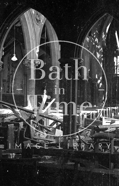 Bombed out interior of St. John's Roman Catholic Church, South Parade, Bath 1942