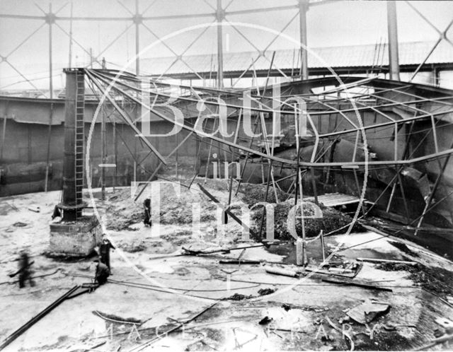 Interior of a burnt out gasometer, Bath 1942