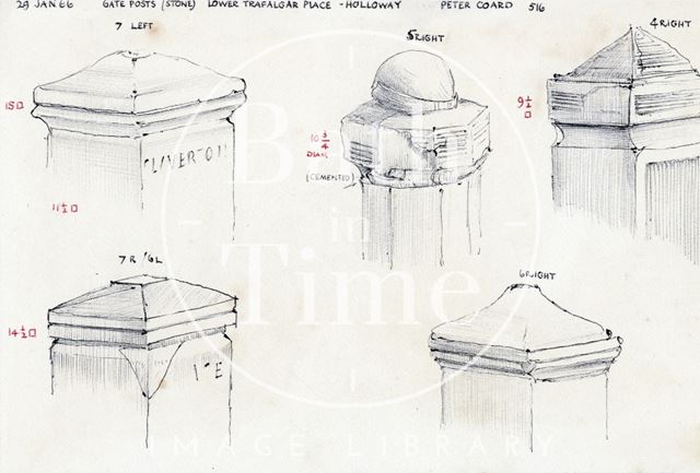 Stone gatepost details, Lower Trafalgar Place, Holloway, Bath 1966