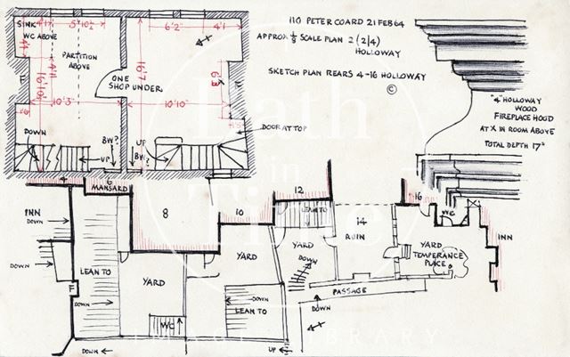 Floor plan of 2 & 4, Holloway and plan of the backyards of 4 to 16, Holloway, Bath 1964