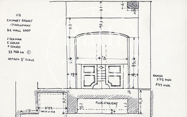 Fireplace and range, 17, Holloway (previously 10, Bridge Place), Bath 1964