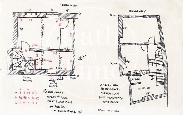 First floor plans, 16 & The Angel Inn, 18, Holloway, Bath 1964