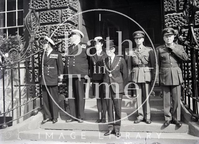 A group of dignitaries assemble for the camera outside the Guildhall, Bath c.1970?