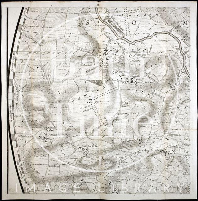 Thos. Thorpe Map of 5 miles round Bath. Stanton Prior, Newton Park, Englishcombe, Corston 1742