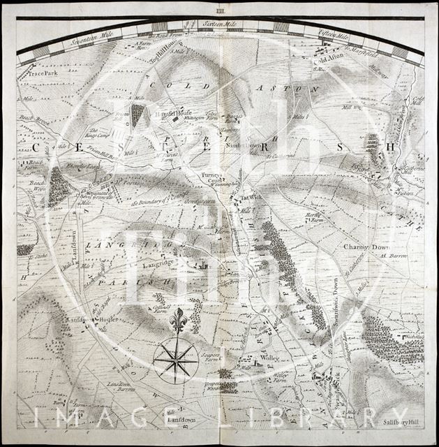 Thos. Thorpe Map of 5 miles round Bath. Cold Ashton, Charmy Down, Langridge, Tracey Park, Woolley, Swainswick, Lansdown, Bath 1742