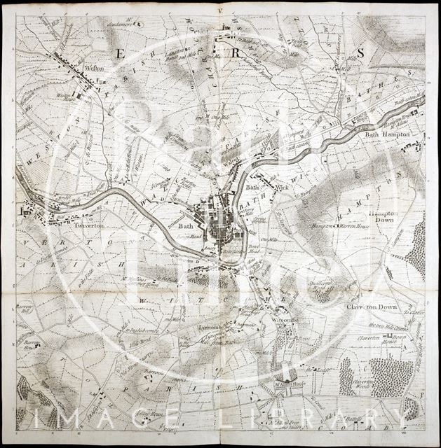 Thos. Thorpe Map of 5 miles round Bath. Bath Centre, Weston, Twerton, Claverton Down, Bathampton, Charlcombe, Widcombe, Lyncombe, Bathwick, Bath 1742