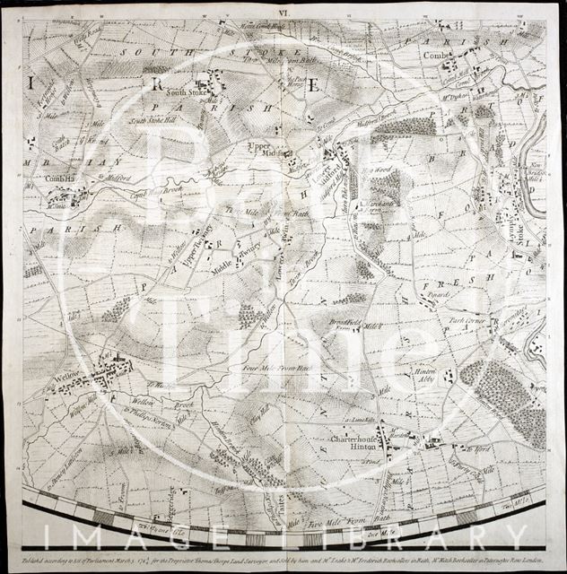 Thos. Thorpe Map of 5 miles round Bath. Southstoke, Combe Hay, Wellow, Twinhoe, Hinton Charterhouse, Midford, Combe Down, Monkton Combe 1742