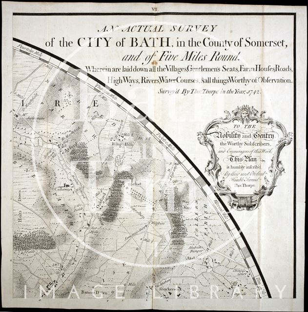 Thos. Thorpe Map of 5 miles round Bath. St. Catherine, Oakford, Batheaston, Bannerdown, Shockerwick 1742