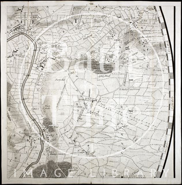 Thos. Thorpe Map of 5 miles round Bath. Monkton Farley, Claverton, Bathford, Batheaston, Kingsdown, Ashley 1742