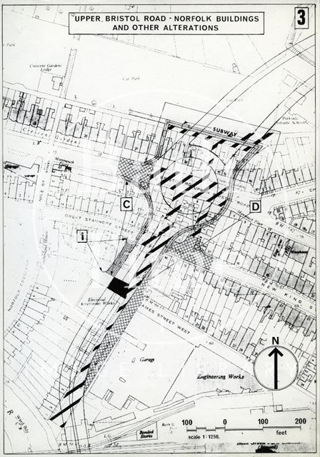 Proposed primary route across Upper Bristol Road and through Norfolk Buildings, Bath 1972