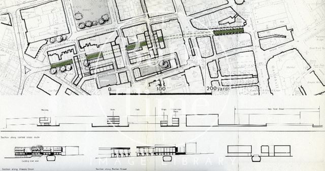 Detailed plan and sections of the central cross route, Bath 1965