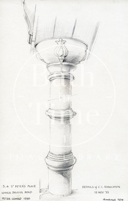 Details of stanchion, 3 & 4, St. Peter's Place, Lower Bristol Road, East Twerton Bath 1973