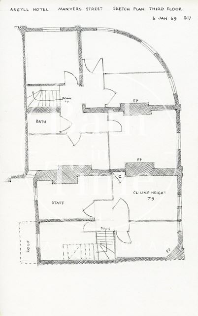 Third floor plan, Argyll Hotel, 13, Manvers Street, Bath 1969