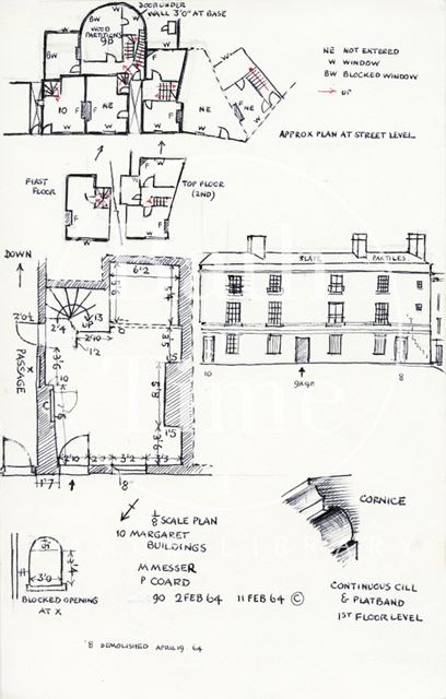 Elevation and floor plans, 8 to 10, Margaret's Buildings, Walcot, Bath 1964