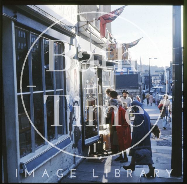 Looking in the shop window of Old Jack's, Walcot Street, Bath c.1975