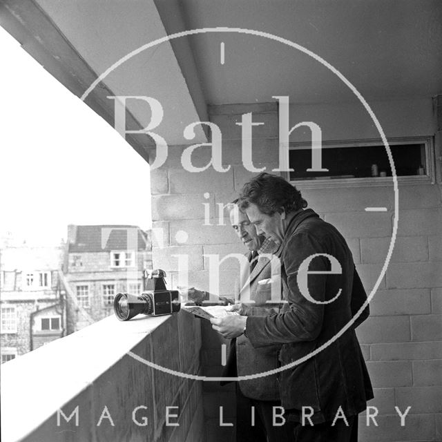 Robert Henshaw from the Bath Preservation Trust shows Lord Snowdon the view from Lampard's Buildings, Bath 1972