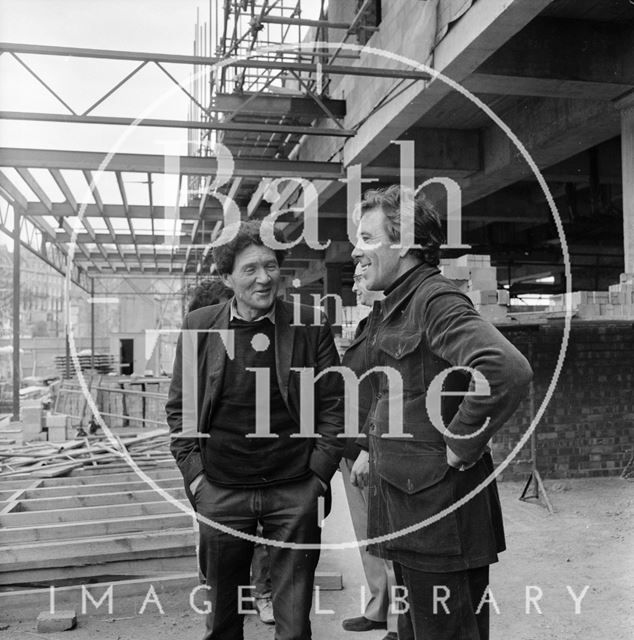 Lord Snowdon greets a site worker at the Beaufort Hotel, Walcot Street, Bath 1972