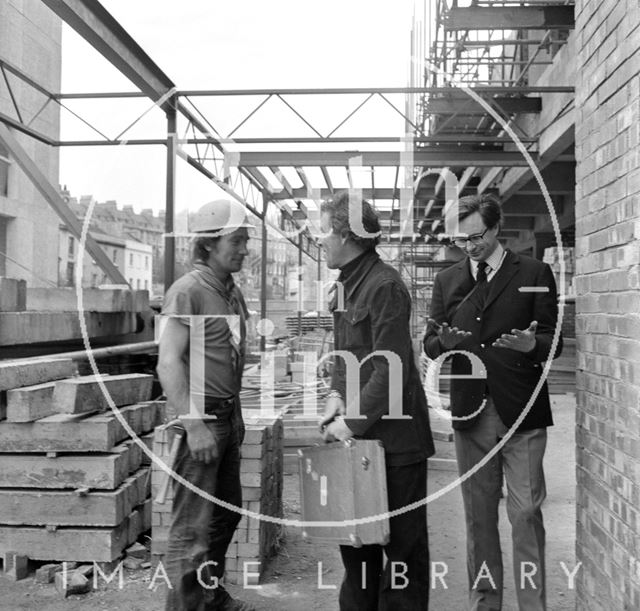 Lord Snowdon thanks a site worker as Adam Fergusson inspects his hands at the Beaufort (Hilton) Hotel site, Bath 1972