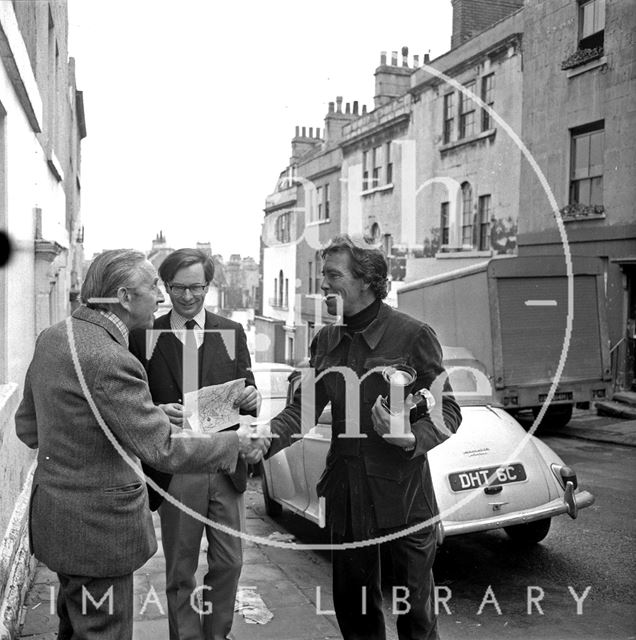 Lord Snowdon and Adam Fergusson greet Robert Henshaw of the Bath Preservation Trust 1972