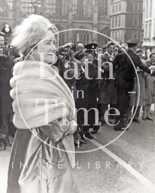 Queen Elizabeth, the Queen Mother, leaves the Guildhall, Bath 1960